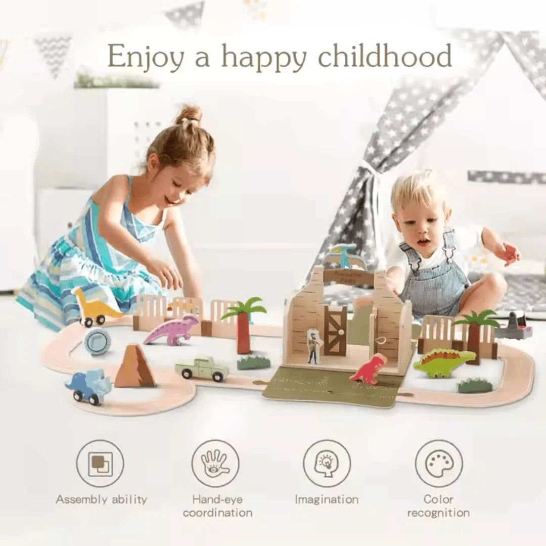 DinoQuest™ – Holz-Dinosaurierpark-Set für Kinder ab 3+ – Fördert Fantasievolles Spielen