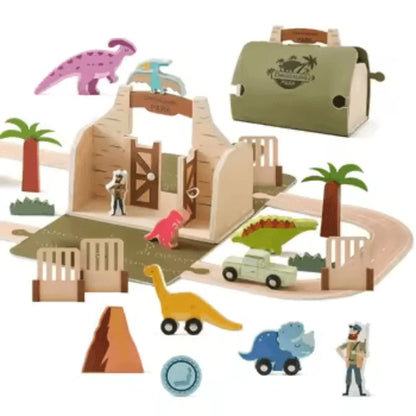 DinoQuest™ – Holz-Dinosaurierpark-Set für Kinder ab 3+ – Fördert Fantasievolles Spielen