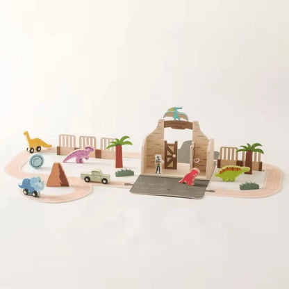 DinoQuest™ – Holz-Dinosaurierpark-Set für Kinder ab 3+ – Fördert Fantasievolles Spielen