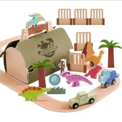 DinoQuest™ – Holz-Dinosaurierpark-Set für Kinder ab 3+ – Fördert Fantasievolles Spielen