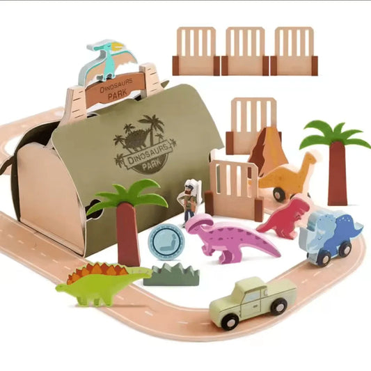 DinoQuest™ – Holz-Dinosaurierpark-Set für Kinder ab 3+ – Fördert Fantasievolles Spielen