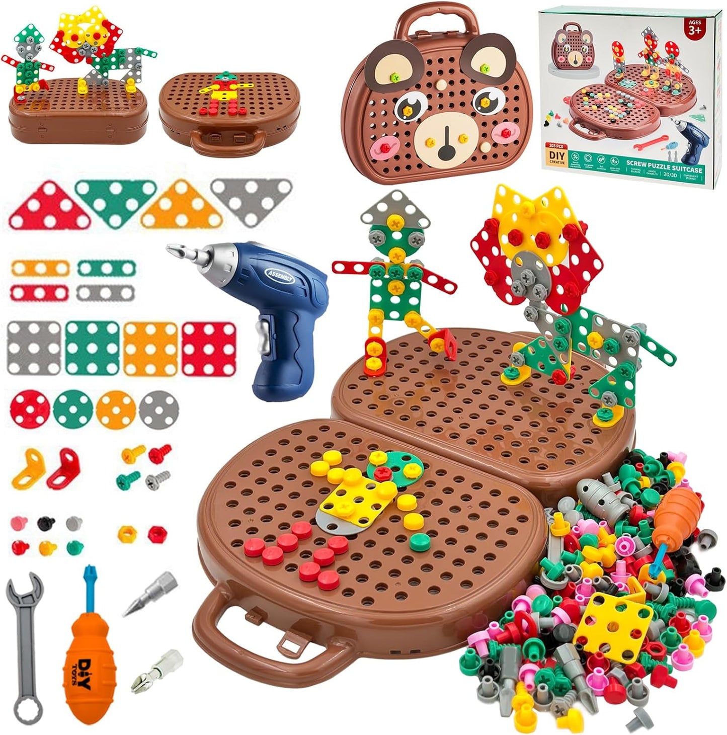 PuzzleCraft - STEM Building Toy Set mit Bohrer & Schrauben - Kreativer Puzzle-Bausatz - Für Kinder ab 3 Jahren