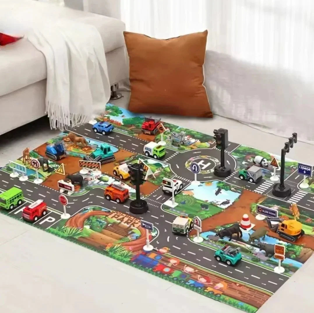 ZoomTown™ – Faltbare Auto-Abenteuer-Spielmatte-Set mit Spielzeugfahrzeugen – Ab 3 Jahren